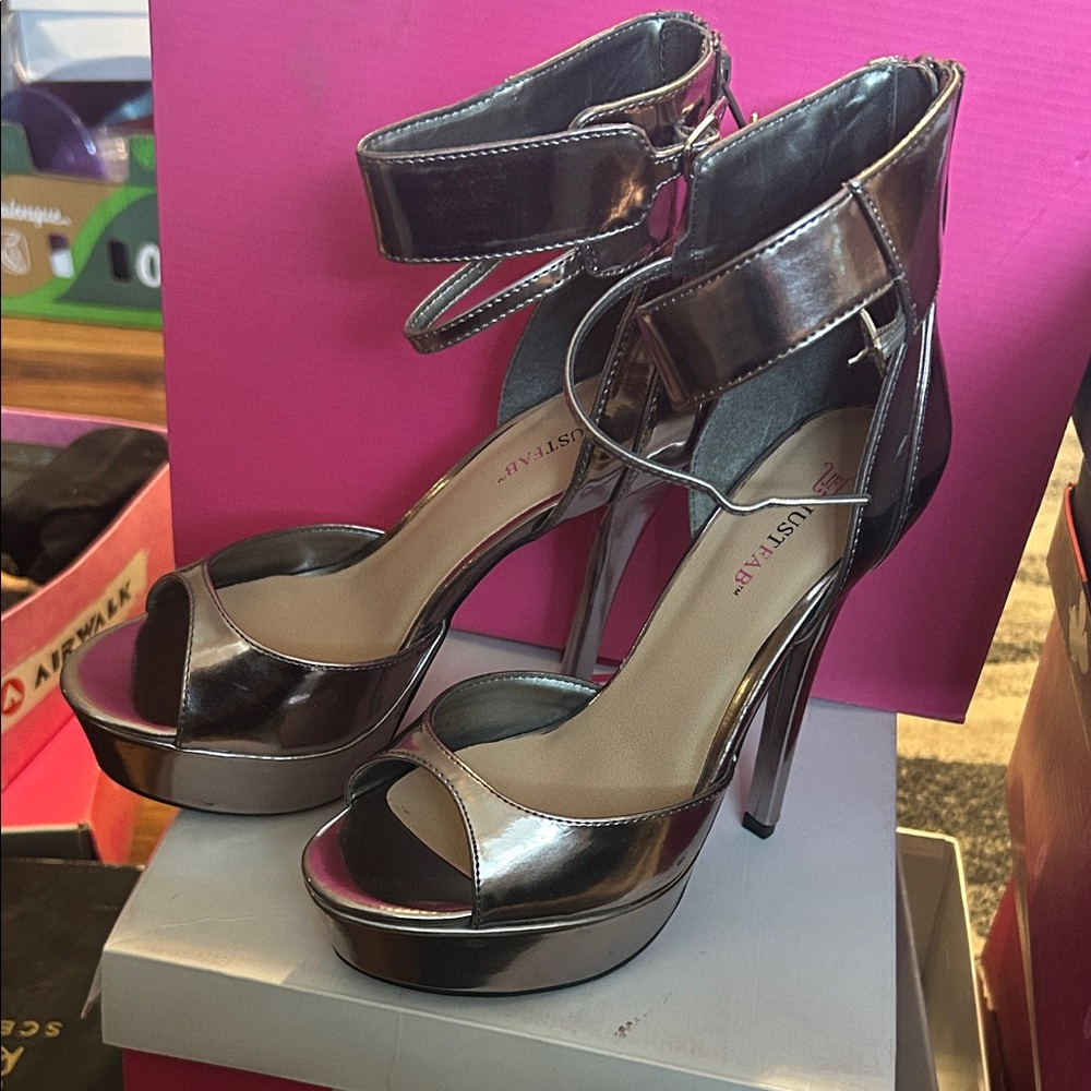JustFab Metallic Pewter Open-Toe Platform Ankle-Strap Heels